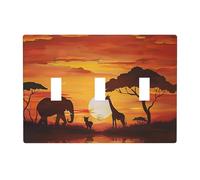Elephant and Giraffe in The Sunset Prints Wall Plate Decor Triple Toggle Switch Trim Panel, Decorative 3-Gang Switch Plate Outlet Cover
