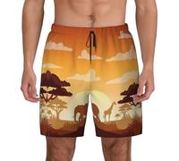 Elephant and Giraffe in The Sunset Swimming Trunks Mesh Lining Pocket Drawstring Closure Men's Swim Trunk Mens Swimming Short Black