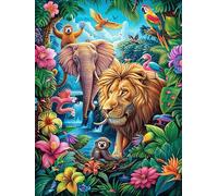 Elephant And Lion in Garden 300 Pc DIY Jigsaw Puzzle Wild Animals Fantasy Fairy Tale Puzzles for Adults Teens Hard Challenging Team Building Stress Reducing Autumn Sturdy Wooden Cardboard 300 PCS