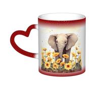 Elephant and Sunflower Coffee Mug with Handle 11 Oz, Color Changing Cups In The Sky, Heat Sensitive Magic Funny Art Mug, Unique Coffee Tea Cup Porcelain Mugs Gift for Women Men Red