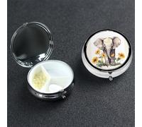 Elephant and Sunflower Pill Box 3 Compartment Round Metal Pill Case for Purse & Pocket, Portable Medicine Organizer Travel Pillbox Daily Pill Container Holder to Hold Vitamins, Fish Oil