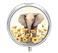 Elephant and Sunflower Pill Box 3 Compartment Waterproof Pill Container with Mirror Metal Medicine Box Organizer Portable Vitamin Case for Pocket & Purse Travel - Round