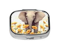 Elephant and Sunflower Print Pill Box Square Pill Case 2 Compartment Small Metal Medicine Organizer Portable Travel Pillbox for Pocket Purse Cute Mini Pill Container to Hold Daily Vitamins