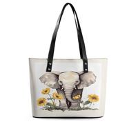Elephant And Sunflower Tote Bag Large Soft Leather Purse with Zipper Lightweight Ladies Shoulder Handbag