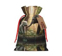 Elephant And White Rabbit Print Christmas Gift Bag,Storage Sack With Tags,Reusable Christmas Gift Package Bag
