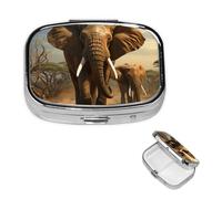 Elephant Animals Pill Box 2 Compartment Square Portable Pill Case for Pocket or Purse Small Weekly Medicine Planner Travel Pillbox with Mirror Decorative Metal Vitamin Holder Gifts