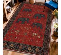 Elephant Area Rug, Bohemian Traditional Flower Leaf Fall Red Non-Slip Backing Soft Rectangle Carpet Stain Resistant Rugs for Living Room Bedroom Under Bed Apartment Decor 4' X 6'