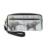 Elephant Art On Wood Travel Makeup Bag Pencil Case, Leather Portable Cosmetic Organizer Bag Toiletry Bags for Women Girl