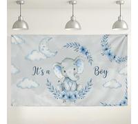 Elephant Baby Shower Backdrop, Cute Blue Cloud Floral Party Decorations, It's a Boy Photography Background for Celebrations 71x43 Inch