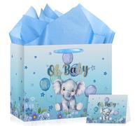 Elephant Baby Shower Bag Oh Baby Birthday Gift Wrapping Paper Bag with Tissue Paper Greeting Card Large Blue Floral Elephant Favors Bag Party Supplies for Boys Newborns Gender Reveal Party Decorations