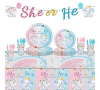Elephant Baby Shower Gender Reveal Party Tableware for Girls or Boys with She or He Gender Reveal Banner, Tablecloth, Paper Plates, Napkins, Cups for 16 Guests