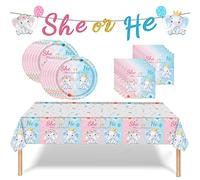 Elephant Baby Shower Gender Reveal Tableware for Girls, Boys - 38Pc She/He Gender Reveal Theme Decorations - Table Cloth, Plates, Napkins, Banner, Dinnerware Party Supplies