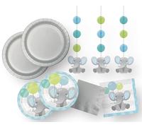 Elephant Baby Shower Party Supplies Set, Blue and Mint, 16 Guests, with Plates, Napkins and Hanging Decorations