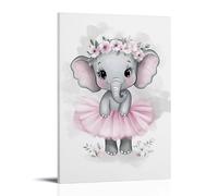 Elephant Ballerina Wall Art, Adorable Ballet Elephant Canvas Artwork, Hanging Paintings Poster, Sweet Cartoon Animal Wall Ornament Perfect for Nursery Toddler Girls Bedroom Kids Playroom Soft Decor 1
