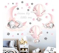 Elephant Balloon Wall Stickers for Nursery: Baby Kids Girls Boys Bedroom Wall Decals - Pink Hot Air Balloon Moon Stars Dream Big Little One