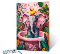 Elephant Bathing Pink Bathtub Paint by Number for Adults Animal with Yellow Rubber Duck on Her Head Picture Canvas DIY Oil Painting Kits Acrylic Paints for Home Wall Decor Art Craft Gifts (Frameless)
