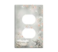 Elephant Bathroom Duplex Outlet Covers Wall Plate, Fanciful Nature-Inspired Bathtub Flowers Spring Pastel Peach Plastic Standard Size Double Power Outlet Cover Plate for Home Living Room Decor