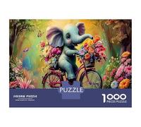 Elephant Biker Jigsaw Puzzle Elephant Riding Floral Bicycle 1000 Pieces Thick Cardboard for Adults Kids 12+ Educational Game Decoration 52x38cm/1000pcs