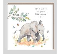 Elephant Birthday Card With Love - Cute Wildlife Illustrated Greeting Card