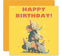 Elephant Birthday Cards for Her Him - Party Animals Pyramid - Happy Birthday Card for Mum Dad Brother Sister Auntie Uncle Cousin Friend Family Colleague 145mm x 145mm Bday Greeting Cards