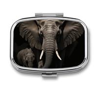 Elephant Black Pill Box 2 Compartment, Portable Pill Case with Mirror for Pocket Purse Travel, Mini Metal Medicine Organizer for Vitamins Fish Oil