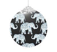 Elephant-Blue Black Glass Round Pendant Christmas Ornament Decor Tree Hanging Xmas Metal Buckle 3"