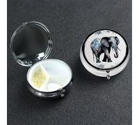 Elephant-Blue Black Pill Box with Mirror 3 Compartment Decorative Pill Case for Purse or Pocket Small Round Pill Organizer Weekly Metal Medicine Tablet Vitamin Holder Travel Gift