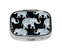 (Elephant-Blue Black) Square Pill Box with 2 Compartment Small Pill Organizer Portable Pill Case Vitamin Containers, Travel Essentials 5.5x4x1.8 cm