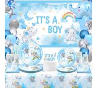 Elephant Boy Baby Shower Supplies, Includes It's a Boy Backdrop, Plates, Cupcake Toppers, Napkins, Cups, Tablecloths, Blue Balloon Arch Kit, for Baby Shower Birthday Party Decorations Serves 20 (Blue)