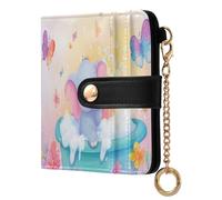 Elephant Butterfly Flowers Pink Print Small Women Wallet RFID Blocking Bifold PU Leather Compact Card Holder with Zipper Coin Pocket Purse for Women Girls Ladies