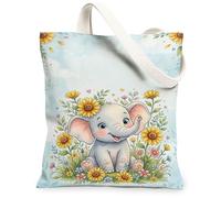 Elephant Canvas Tote Bag for Women, Playful Fanciful Sunflower Flowers Spring Blue Washable Reusable Shopping Bag for Shopping Brunch Park Library Day Trips 13x15 Inch