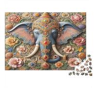 Elephant Cardboard Floral Elephant with Roses And Jewels Premium Jigsaw Puzzle Boredom Buster Home Decor 38x26cm/1000pcs