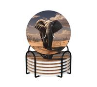 Elephant Coasters Set of 6 Ceramic Coaster with Holder Absorbent Coasters for Drinks Heat Resistant Coffee Table Coasters Cup Pad for Kitchen Office Home Decoration