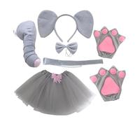 Elephant Costume - Plush Headband Ears, Matching Paw Covers, Layered Tutu Skirt Ensemble, Safari Character Apparel, Long Trunk Bowtie Character Outfit Accessories For Halloween Party Celebration