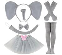 Elephant Costume Set 7Pcs - Elephant Ears Headband Tail Bow Tie, Nose,Tutu Skirt, Socks & Gloves Girls Women Fancy Dress Animal Costumes Suit for Kids Carnival Cosplay Halloween Birthday Party
