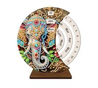 Elephant Diamond Art Wooden Perpetual Calendar Rotatable Moon Disk Calendar DIY Kits 5D Gem Art Painting Desk Calendar Special Shaped Diamond by Number Mosaic for Home Office School Table Top Decor