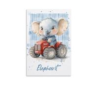Elephant Driving Toy Car Wall Art Cute Watercolor Baby Elephant on Red Truck Fun Cartoon Animal Poster for Boys Room Toddler Bedroom Or Nursery Jungle Safari Theme Decor Gift 16x24inch Unframe