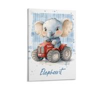 Elephant Driving Toy Car Wall Art Cute Watercolor Baby Elephant on Red Truck Fun Cartoon Animal Poster for Boys Room Toddler Bedroom Or Nursery Jungle Safari Theme Decor Gift 24x36inch(60x90cm) Frame
