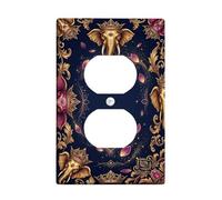 Elephant Duplex Outlet Covers Wall Plate, Ethnic Bohemian Flower Royal None Gold Plastic Standard Size Double Power Outlet Cover Plate for New Apartment Home Bedroom Office Decor