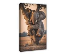 Elephant Embracing A Tree at Sunset Canvas Poster Bedroom Decor Landscape Office Room Decor Gift 12" L X 18" W