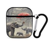Elephant Family in Rain Funny Case Cover Compatible for AirPods 1 & 2 Earbuds Protective Hard Cover with Keychain