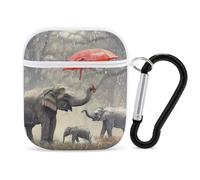 Elephant Family in Rain Funny Case Cover Compatible for AirPods 1 & 2 Earbuds Protective Hard Cover with Keychain