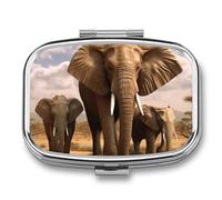 Elephant Family Pill Box 2 Compartment, Portable Pill Case with Mirror for Pocket Purse Travel, Mini Metal Medicine Organizer for Vitamins Fish Oil