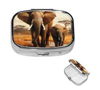 Elephant Family Pill Box 2 Compartment Square Portable Pill Case for Pocket or Purse Small Weekly Medicine Planner Travel Pillbox with Mirror Decorative Metal Vitamin Holder Gifts