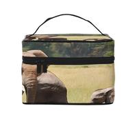 Elephant Family -Print Waterproof Large Cosmetic Bag for Travel & Gym, Makeup Organizer with 4 Elastic Straps & Compartments,Premium Twill Fabric.