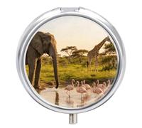 Elephant, Flamingo, Giraffe Round Pill Box with Mirror 3 Compartment Portable Pill Case for Travel Outdoor Use Cute Small Pill Organizer for Pocket Or Purse