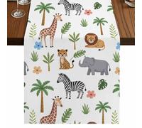 Elephant Giraffe Table Runner, Lion Zebra Blue Flower Tropical Plant Animal Cotton and Table Linen Runner for Kitchen Dining Home Decor for Party Festival Holiday Decoration Gift 13x90in
