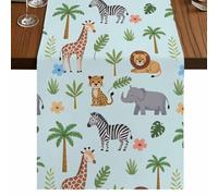Elephant Giraffe Table Runner, Lion Zebra Pink Flower Tropical Plant Animal Blue Cotton and Table Linen Runner for Kitchen Dining Home Decor for Party Festival Holiday Decoration Gift 13x120in
