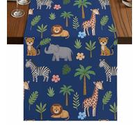 Elephant Giraffe Table Runner, Lion Zebra Pink Flower Tropical Plant Animal Navy Cotton and Table Linen Runner for Kitchen Dining Home Decor for Party Festival Holiday Decoration Gift 13x72in