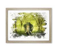 Elephant Green Forest No.10 V3 Modern Framed Wall Art Print, Ready to Hang Picture for Living Room Bedroom Home Office Décor, Oak A2 (64 x 46 cm)
